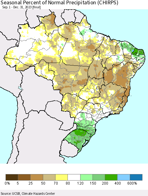 Brazil Seasonal Percent of Normal Precipitation (CHIRPS) Thematic Map For 9/1/2023 - 12/31/2023