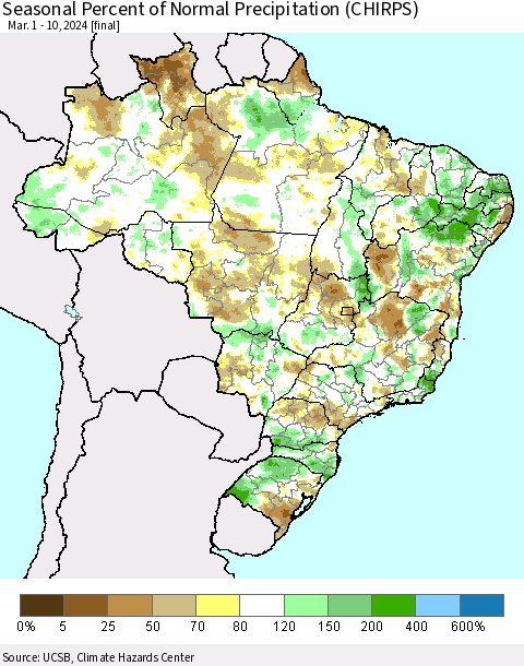 Brazil Seasonal Percent of Normal Precipitation (CHIRPS) Thematic Map For 3/1/2024 - 3/10/2024