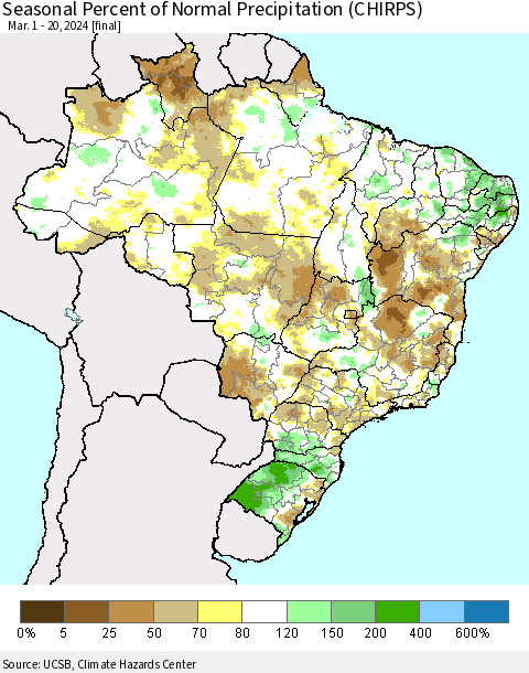 Brazil Seasonal Percent of Normal Precipitation (CHIRPS) Thematic Map For 3/1/2024 - 3/20/2024