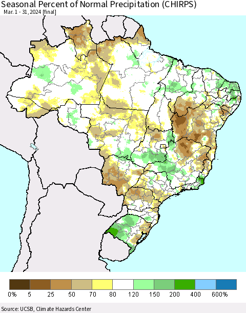 Brazil Seasonal Percent of Normal Precipitation (CHIRPS) Thematic Map For 3/1/2024 - 3/31/2024