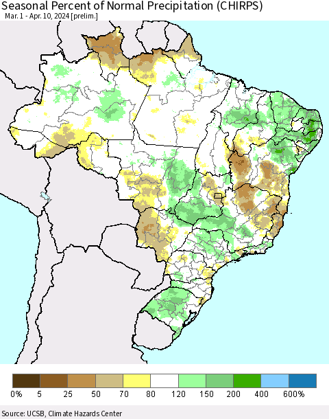 Brazil Seasonal Percent of Normal Precipitation (CHIRPS) Thematic Map For 3/1/2024 - 4/10/2024