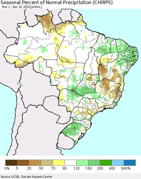 Brazil Seasonal Percent of Normal Precipitation (CHIRPS) Thematic Map For 3/1/2024 - 4/20/2024