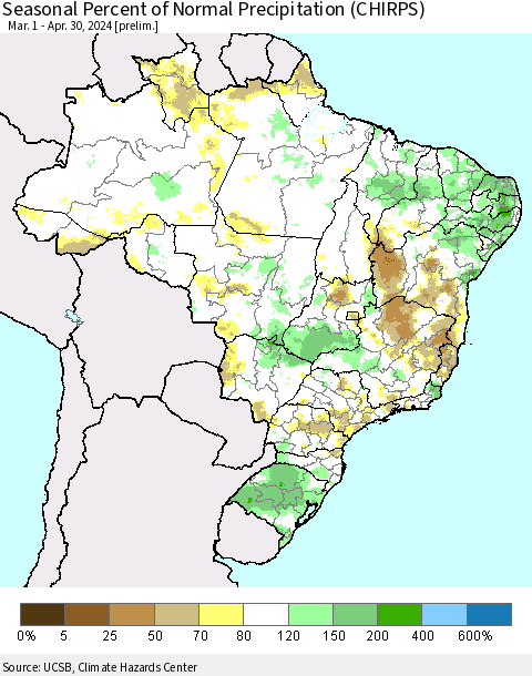 Brazil Seasonal Percent of Normal Precipitation (CHIRPS) Thematic Map For 3/1/2024 - 4/30/2024