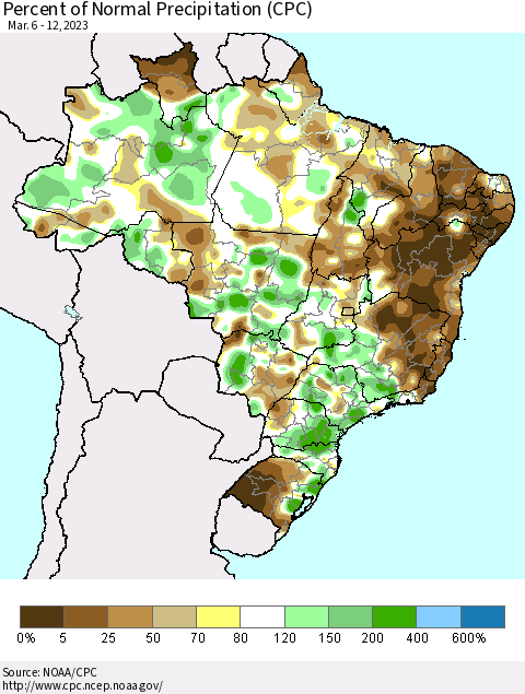 Brazil Percent of Normal Precipitation (CPC) Thematic Map For 3/6/2023 - 3/12/2023