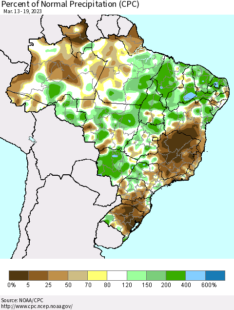 Brazil Percent of Normal Precipitation (CPC) Thematic Map For 3/13/2023 - 3/19/2023
