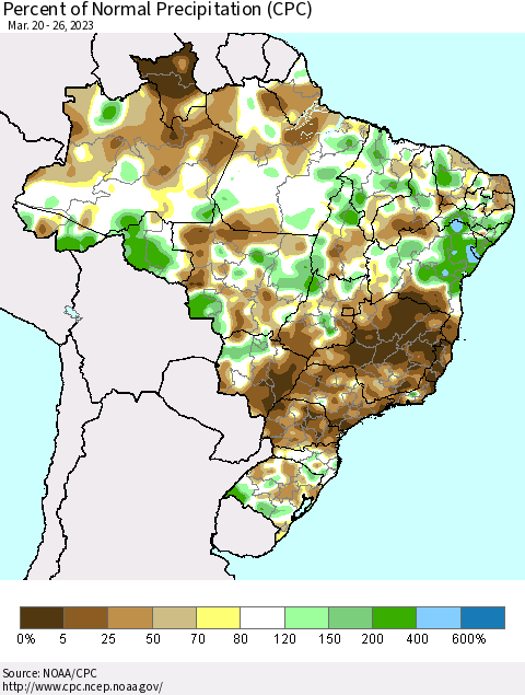 Brazil Percent of Normal Precipitation (CPC) Thematic Map For 3/20/2023 - 3/26/2023