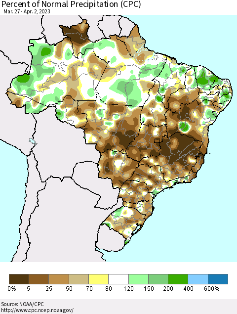 Brazil Percent of Normal Precipitation (CPC) Thematic Map For 3/27/2023 - 4/2/2023