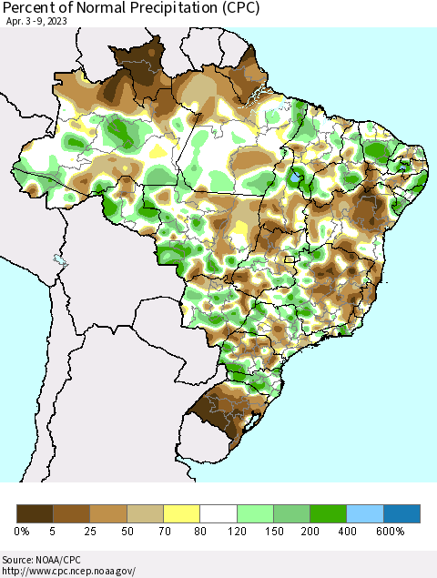 Brazil Percent of Normal Precipitation (CPC) Thematic Map For 4/3/2023 - 4/9/2023