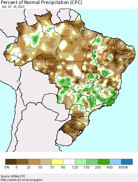 Brazil Percent of Normal Precipitation (CPC) Thematic Map For 4/10/2023 - 4/16/2023