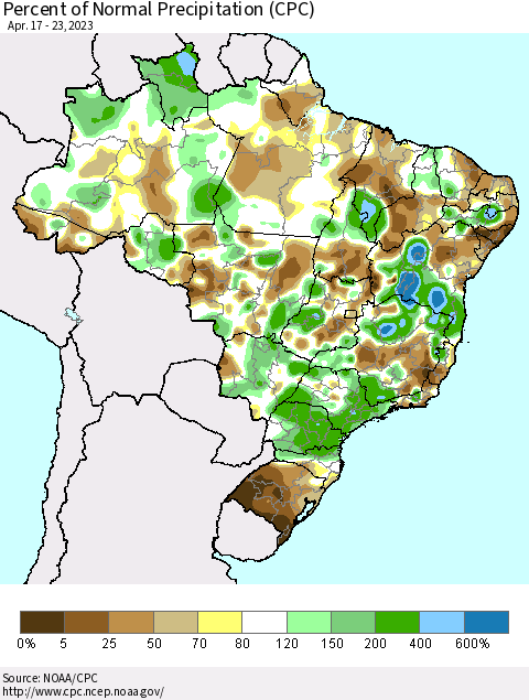 Brazil Percent of Normal Precipitation (CPC) Thematic Map For 4/17/2023 - 4/23/2023