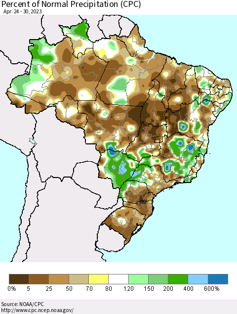 Brazil Percent of Normal Precipitation (CPC) Thematic Map For 4/24/2023 - 4/30/2023