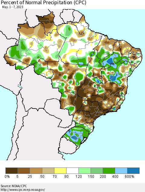 Brazil Percent of Normal Precipitation (CPC) Thematic Map For 5/1/2023 - 5/7/2023