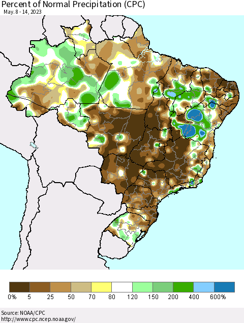 Brazil Percent of Normal Precipitation (CPC) Thematic Map For 5/8/2023 - 5/14/2023