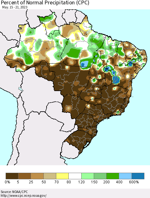 Brazil Percent of Normal Precipitation (CPC) Thematic Map For 5/15/2023 - 5/21/2023