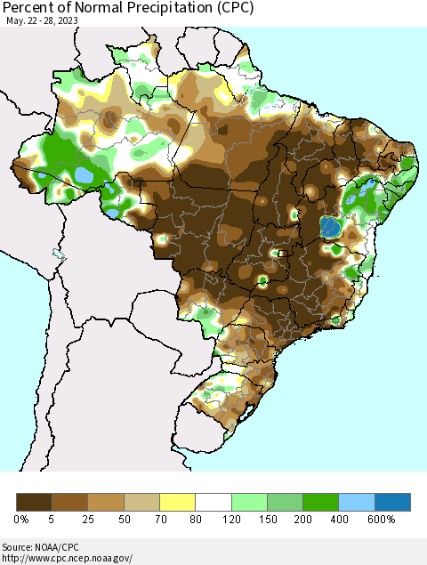 Brazil Percent of Normal Precipitation (CPC) Thematic Map For 5/22/2023 - 5/28/2023