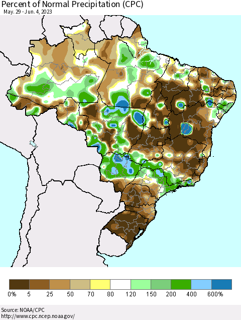 Brazil Percent of Normal Precipitation (CPC) Thematic Map For 5/29/2023 - 6/4/2023