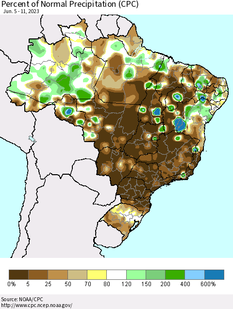 Brazil Percent of Normal Precipitation (CPC) Thematic Map For 6/5/2023 - 6/11/2023