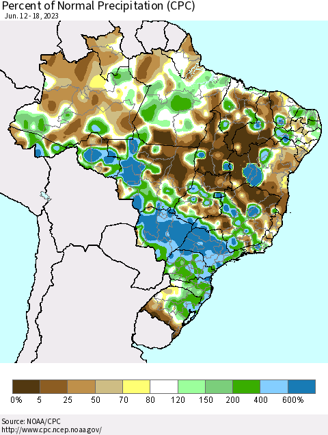 Brazil Percent of Normal Precipitation (CPC) Thematic Map For 6/12/2023 - 6/18/2023
