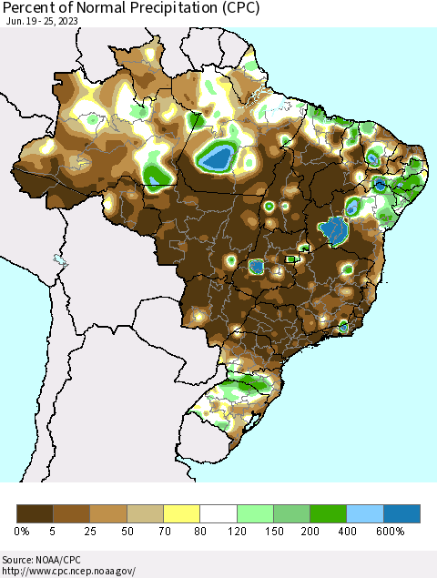 Brazil Percent of Normal Precipitation (CPC) Thematic Map For 6/19/2023 - 6/25/2023
