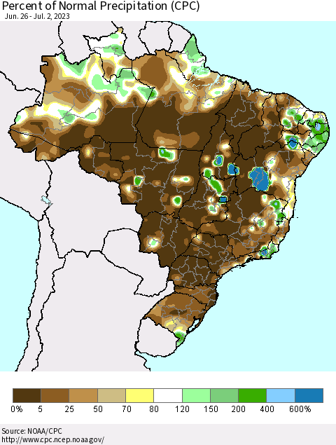 Brazil Percent of Normal Precipitation (CPC) Thematic Map For 6/26/2023 - 7/2/2023