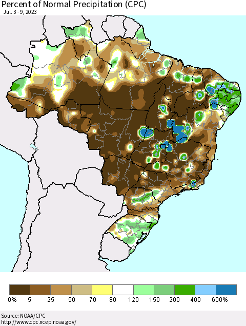 Brazil Percent of Normal Precipitation (CPC) Thematic Map For 7/3/2023 - 7/9/2023