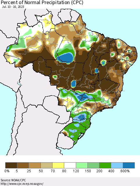 Brazil Percent of Normal Precipitation (CPC) Thematic Map For 7/10/2023 - 7/16/2023