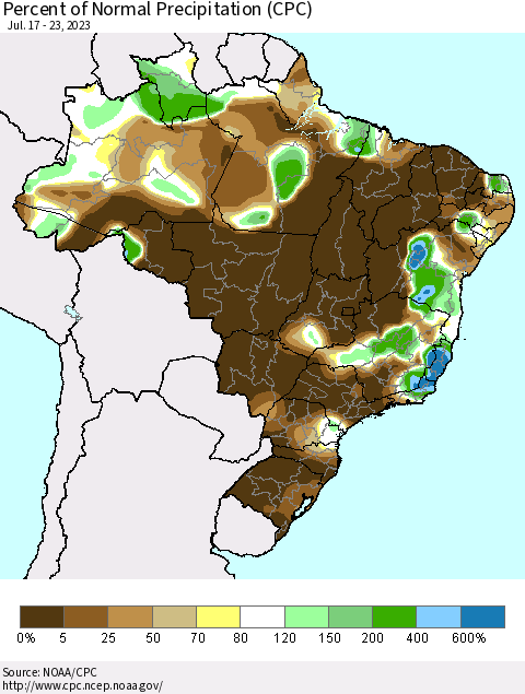 Brazil Percent of Normal Precipitation (CPC) Thematic Map For 7/17/2023 - 7/23/2023