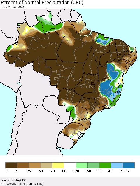 Brazil Percent of Normal Precipitation (CPC) Thematic Map For 7/24/2023 - 7/30/2023