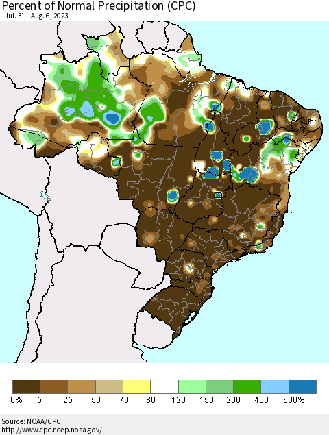 Brazil Percent of Normal Precipitation (CPC) Thematic Map For 7/31/2023 - 8/6/2023