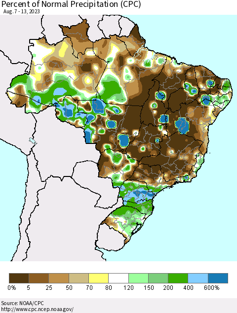 Brazil Percent of Normal Precipitation (CPC) Thematic Map For 8/7/2023 - 8/13/2023
