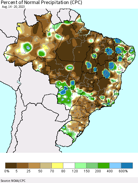 Brazil Percent of Normal Precipitation (CPC) Thematic Map For 8/14/2023 - 8/20/2023