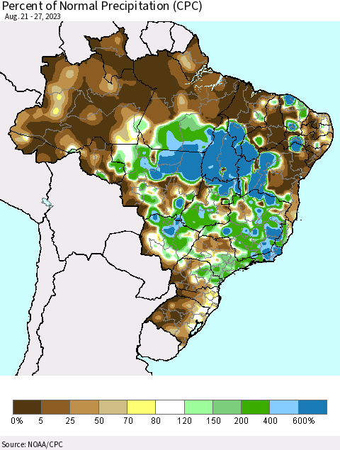 Brazil Percent of Normal Precipitation (CPC) Thematic Map For 8/21/2023 - 8/27/2023
