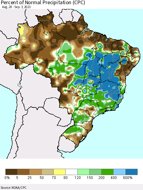 Brazil Percent of Normal Precipitation (CPC) Thematic Map For 8/28/2023 - 9/3/2023