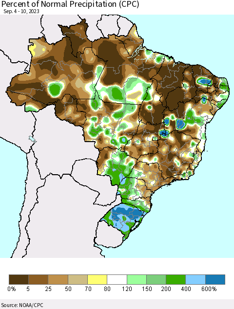 Brazil Percent of Normal Precipitation (CPC) Thematic Map For 9/4/2023 - 9/10/2023
