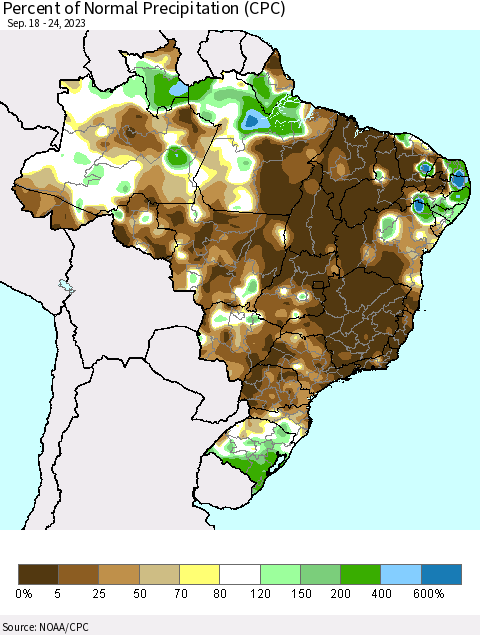 Brazil Percent of Normal Precipitation (CPC) Thematic Map For 9/18/2023 - 9/24/2023
