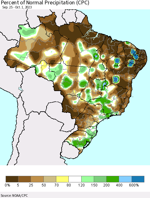 Brazil Percent of Normal Precipitation (CPC) Thematic Map For 9/25/2023 - 10/1/2023