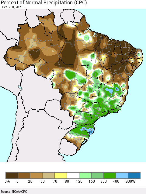 Brazil Percent of Normal Precipitation (CPC) Thematic Map For 10/2/2023 - 10/8/2023