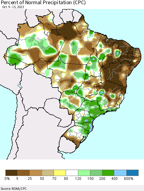 Brazil Percent of Normal Precipitation (CPC) Thematic Map For 10/9/2023 - 10/15/2023