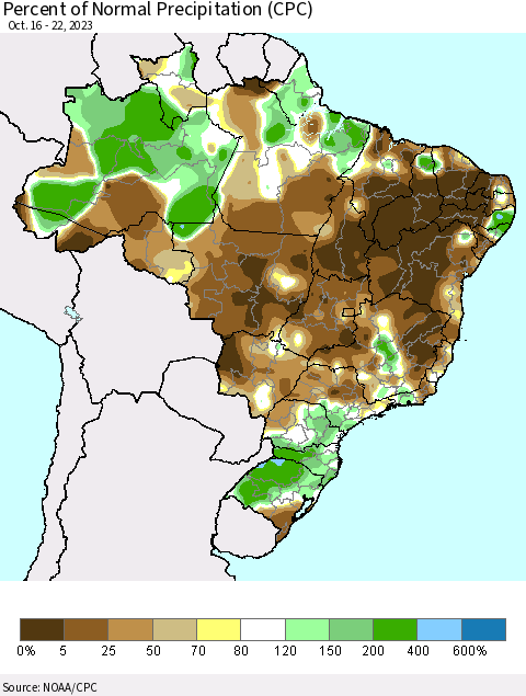 Brazil Percent of Normal Precipitation (CPC) Thematic Map For 10/16/2023 - 10/22/2023
