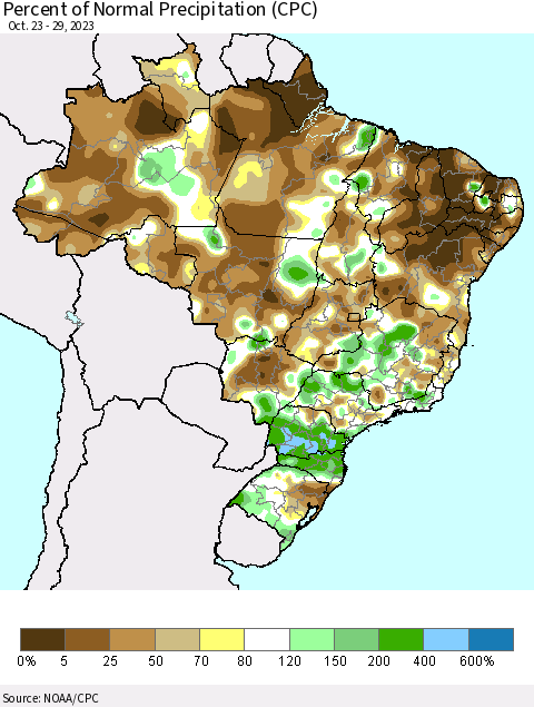 Brazil Percent of Normal Precipitation (CPC) Thematic Map For 10/23/2023 - 10/29/2023