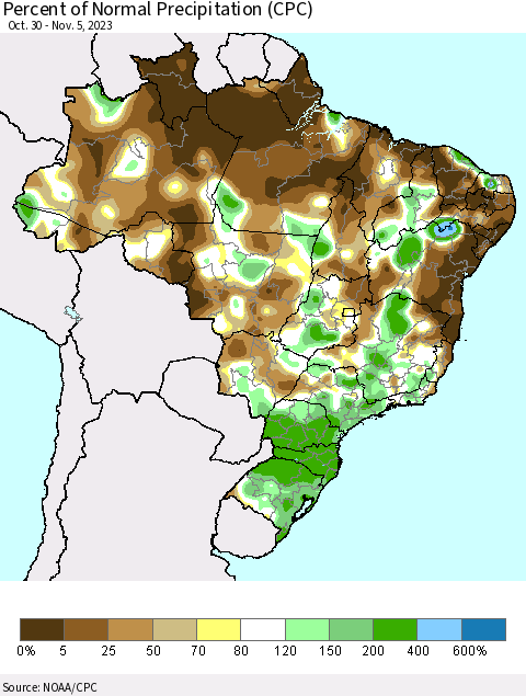 Brazil Percent of Normal Precipitation (CPC) Thematic Map For 10/30/2023 - 11/5/2023
