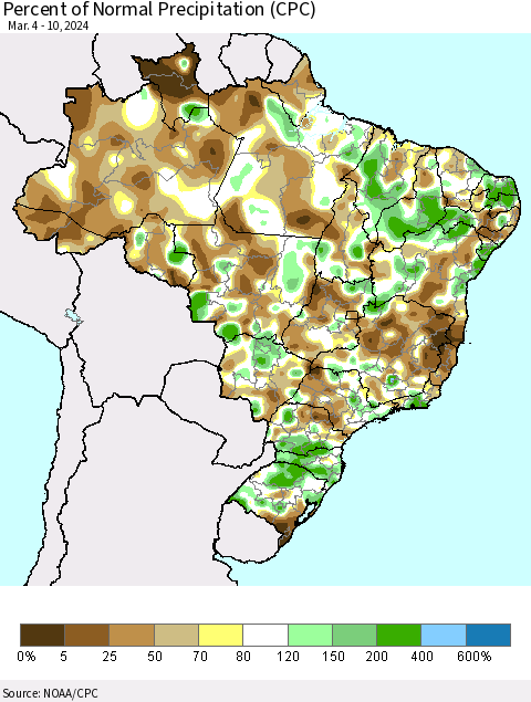 Brazil Percent of Normal Precipitation (CPC) Thematic Map For 3/4/2024 - 3/10/2024