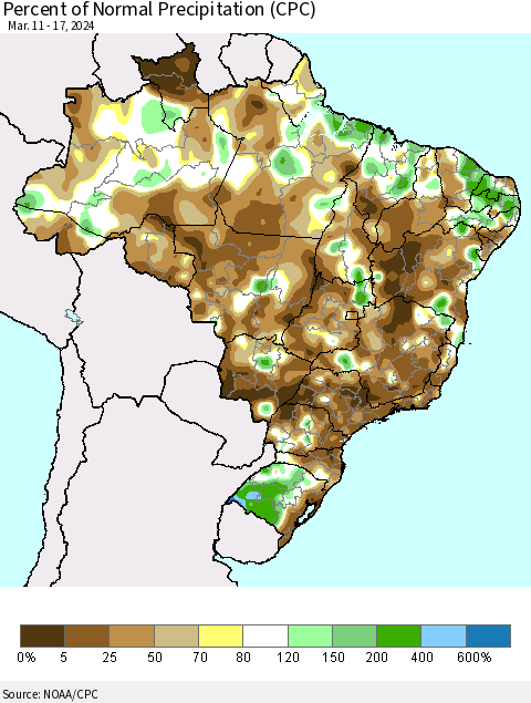 Brazil Percent of Normal Precipitation (CPC) Thematic Map For 3/11/2024 - 3/17/2024
