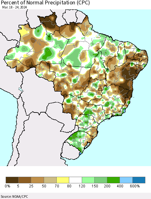 Brazil Percent of Normal Precipitation (CPC) Thematic Map For 3/18/2024 - 3/24/2024
