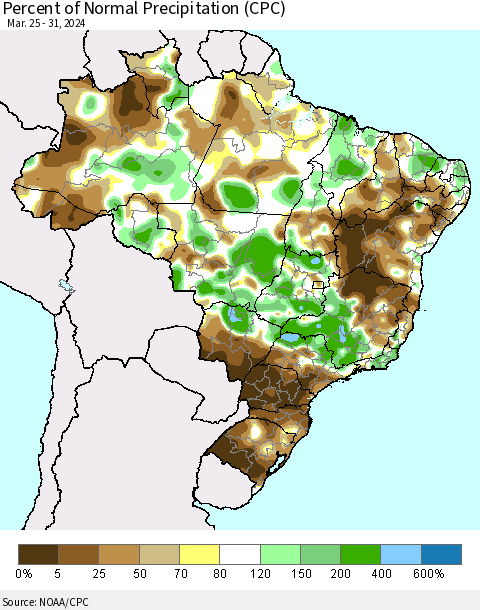 Brazil Percent of Normal Precipitation (CPC) Thematic Map For 3/25/2024 - 3/31/2024