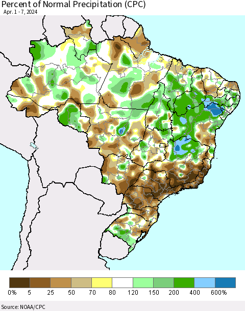 Brazil Percent of Normal Precipitation (CPC) Thematic Map For 4/1/2024 - 4/7/2024