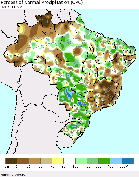 Brazil Percent of Normal Precipitation (CPC) Thematic Map For 4/8/2024 - 4/14/2024