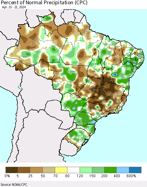 Brazil Percent of Normal Precipitation (CPC) Thematic Map For 4/15/2024 - 4/21/2024