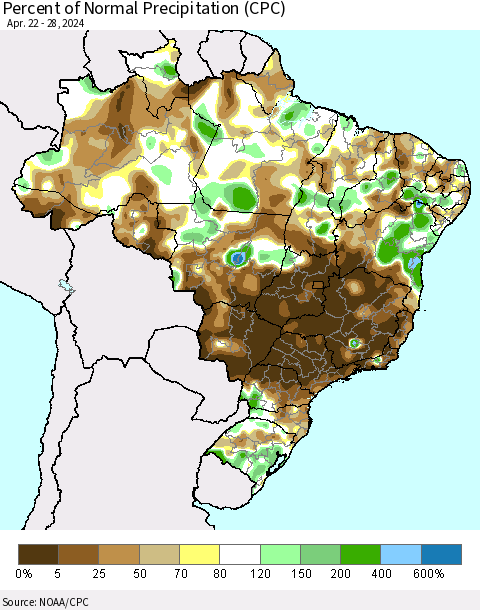 Brazil Percent of Normal Precipitation (CPC) Thematic Map For 4/22/2024 - 4/28/2024