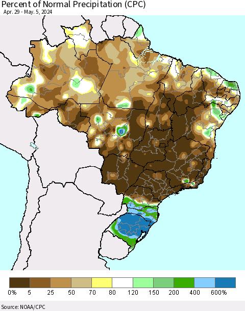 Brazil Percent of Normal Precipitation (CPC) Thematic Map For 4/29/2024 - 5/5/2024